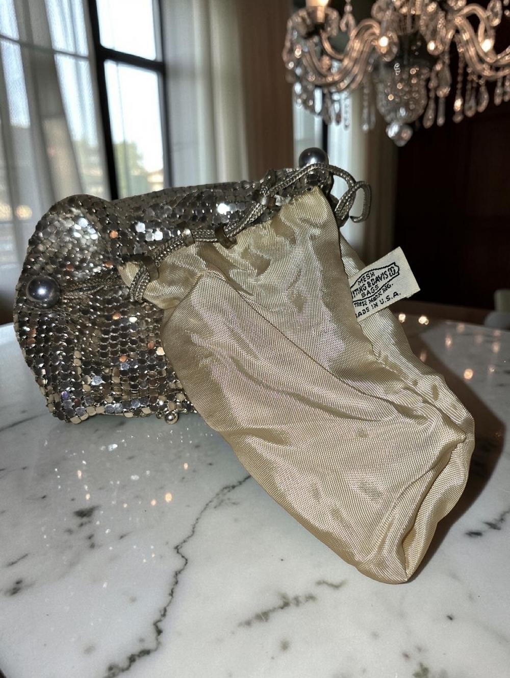 Vintage Whiting & Davis Style Silver Metal Mesh Drawstring Bag Purse Disco - Picture 2 of 5